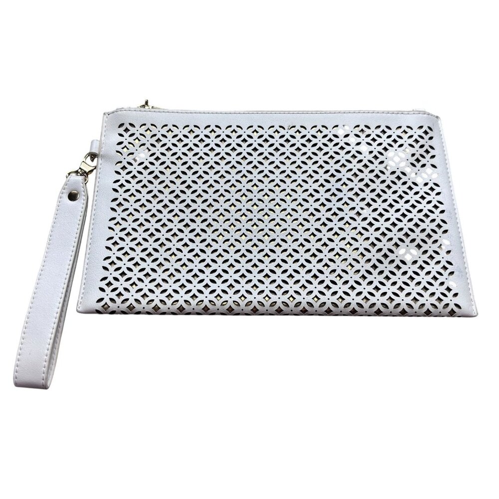 Madison West White Clutch Bag With Wristlet Strap & Laser Cut Design - Picture 2 of 7